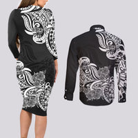 Polynesian Couples Matching Long Sleeve Bodycon Dress and Long Sleeve Button Shirts Pacific Flower Mix Floral Tribal Tattoo Black Vibe LT9 - Wonder Print Shop