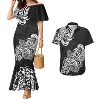Polynesian Couples Matching Mermaid Dress And Hawaiian Shirt Pacific Flower Mix Floral Tribal Tattoo Black Vibe LT9 - Wonder Print Shop