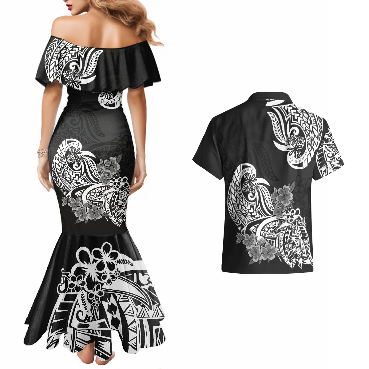 Polynesian Couples Matching Mermaid Dress And Hawaiian Shirt Pacific Flower Mix Floral Tribal Tattoo Black Vibe LT9 - Wonder Print Shop