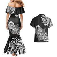 Polynesian Couples Matching Mermaid Dress And Hawaiian Shirt Pacific Flower Mix Floral Tribal Tattoo Black Vibe LT9 - Wonder Print Shop