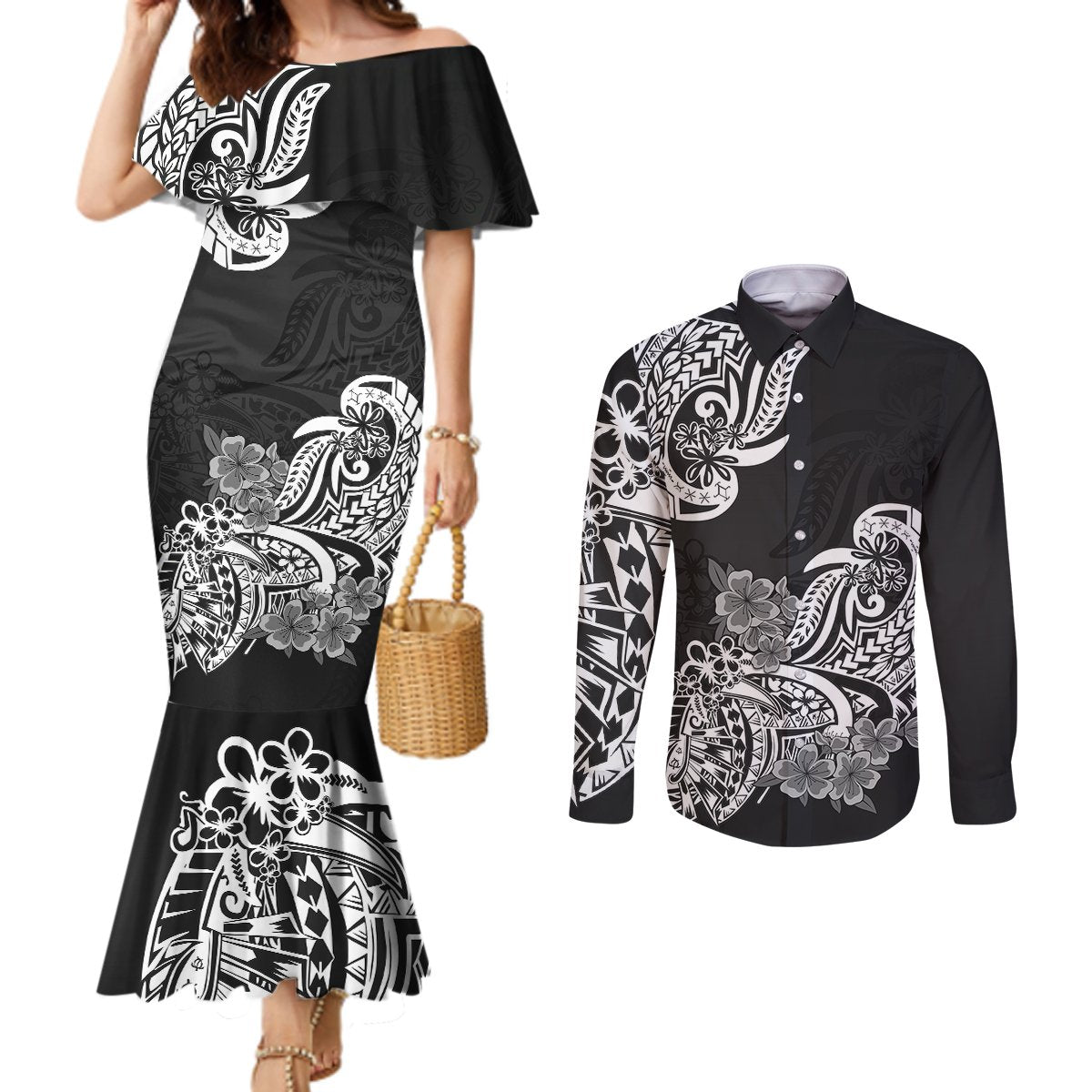 polynesian-couples-matching-mermaid-dress-and-long-sleeve-button-shirts-pacific-flower-mix-floral-tribal-tattoo-black-vibe