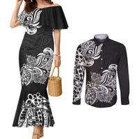 polynesian-couples-matching-mermaid-dress-and-long-sleeve-button-shirts-pacific-flower-mix-floral-tribal-tattoo-black-vibe