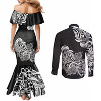 polynesian-couples-matching-mermaid-dress-and-long-sleeve-button-shirts-pacific-flower-mix-floral-tribal-tattoo-black-vibe