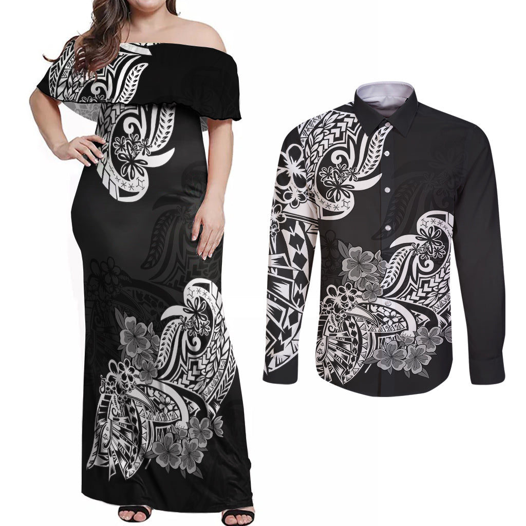 Polynesian Couples Matching Off Shoulder Maxi Dress and Long Sleeve Button Shirts Pacific Flower Mix Floral Tribal Tattoo Black Vibe LT9 - Wonder Print Shop