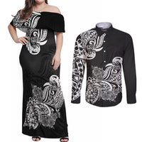 Polynesian Couples Matching Off Shoulder Maxi Dress and Long Sleeve Button Shirts Pacific Flower Mix Floral Tribal Tattoo Black Vibe LT9 - Wonder Print Shop