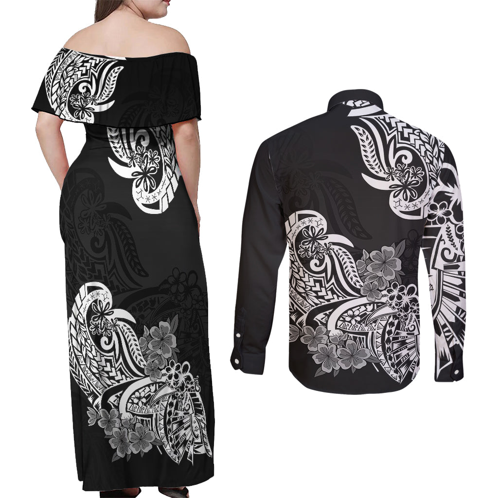Polynesian Couples Matching Off Shoulder Maxi Dress and Long Sleeve Button Shirts Pacific Flower Mix Floral Tribal Tattoo Black Vibe LT9 - Wonder Print Shop