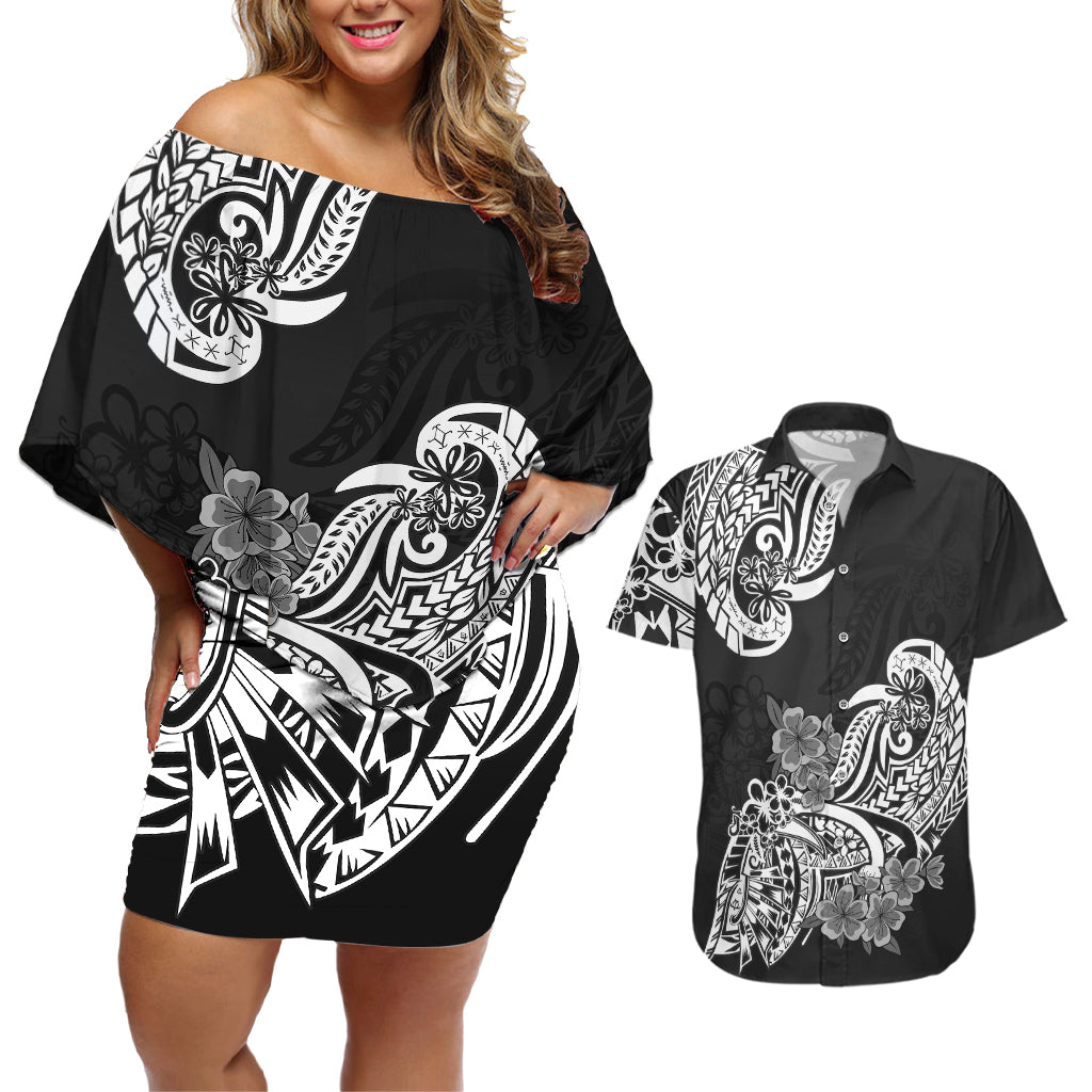 Polynesian Couples Matching Off Shoulder Short Dress and Hawaiian Shirt Pacific Flower Mix Floral Tribal Tattoo Black Vibe LT9 - Wonder Print Shop