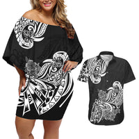 Polynesian Couples Matching Off Shoulder Short Dress and Hawaiian Shirt Pacific Flower Mix Floral Tribal Tattoo Black Vibe LT9 - Wonder Print Shop