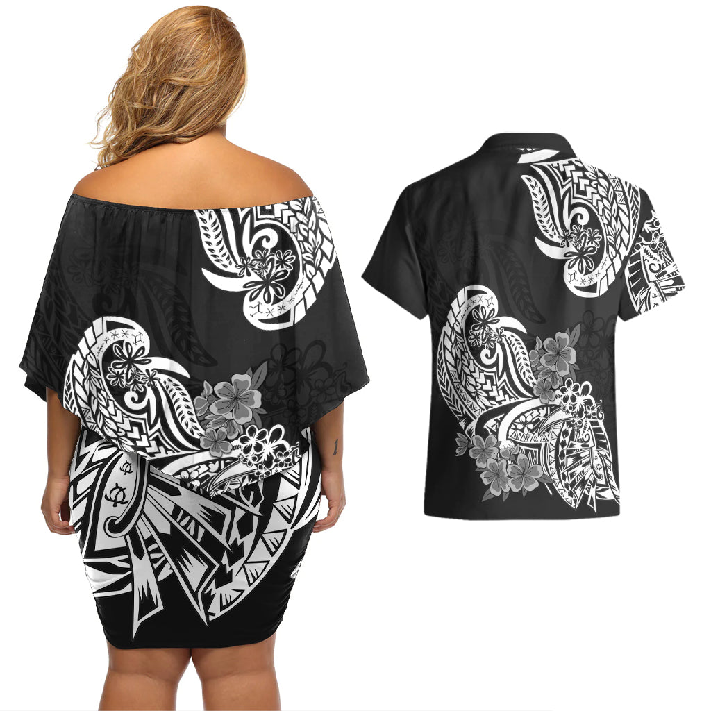 Polynesian Couples Matching Off Shoulder Short Dress and Hawaiian Shirt Pacific Flower Mix Floral Tribal Tattoo Black Vibe LT9 - Wonder Print Shop