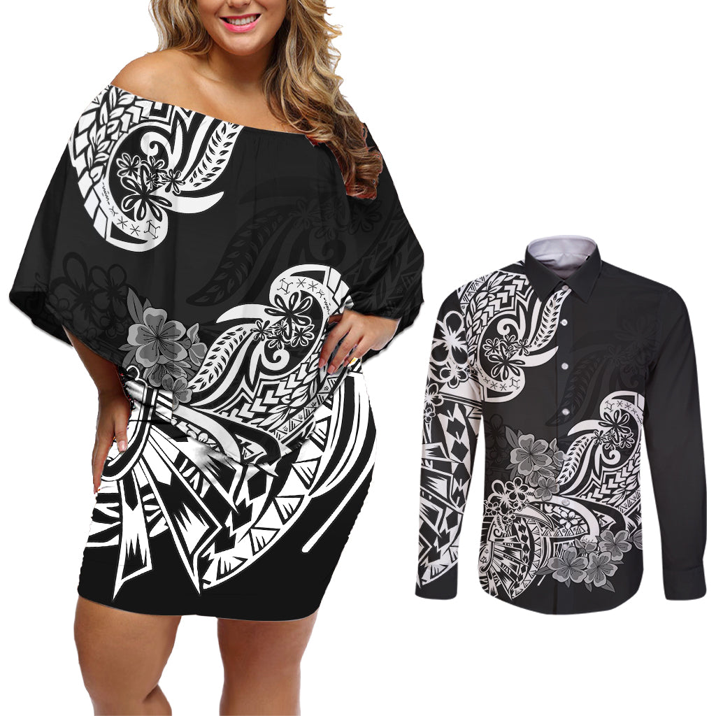 Polynesian Couples Matching Off Shoulder Short Dress and Long Sleeve Button Shirts Pacific Flower Mix Floral Tribal Tattoo Black Vibe LT9 - Wonder Print Shop