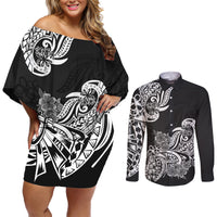 Polynesian Couples Matching Off Shoulder Short Dress and Long Sleeve Button Shirts Pacific Flower Mix Floral Tribal Tattoo Black Vibe LT9 - Wonder Print Shop