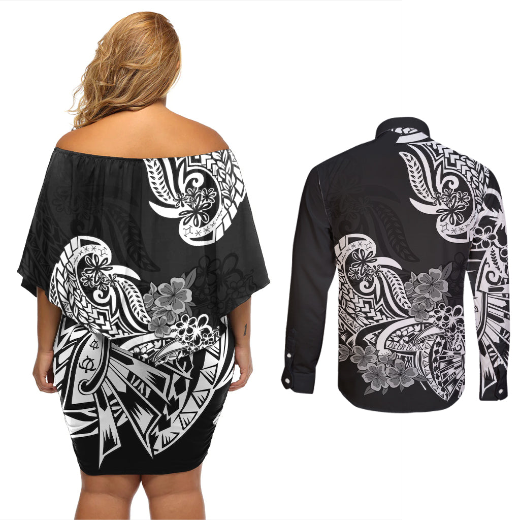 Polynesian Couples Matching Off Shoulder Short Dress and Long Sleeve Button Shirts Pacific Flower Mix Floral Tribal Tattoo Black Vibe LT9 - Wonder Print Shop