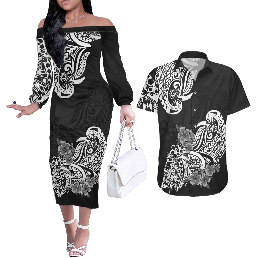 Polynesian Couples Matching Off The Shoulder Long Sleeve Dress and Hawaiian Shirt Pacific Flower Mix Floral Tribal Tattoo Black Vibe LT9 - Wonder Print Shop
