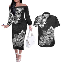 Polynesian Couples Matching Off The Shoulder Long Sleeve Dress and Hawaiian Shirt Pacific Flower Mix Floral Tribal Tattoo Black Vibe LT9 - Wonder Print Shop
