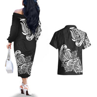 Polynesian Couples Matching Off The Shoulder Long Sleeve Dress and Hawaiian Shirt Pacific Flower Mix Floral Tribal Tattoo Black Vibe LT9 - Wonder Print Shop