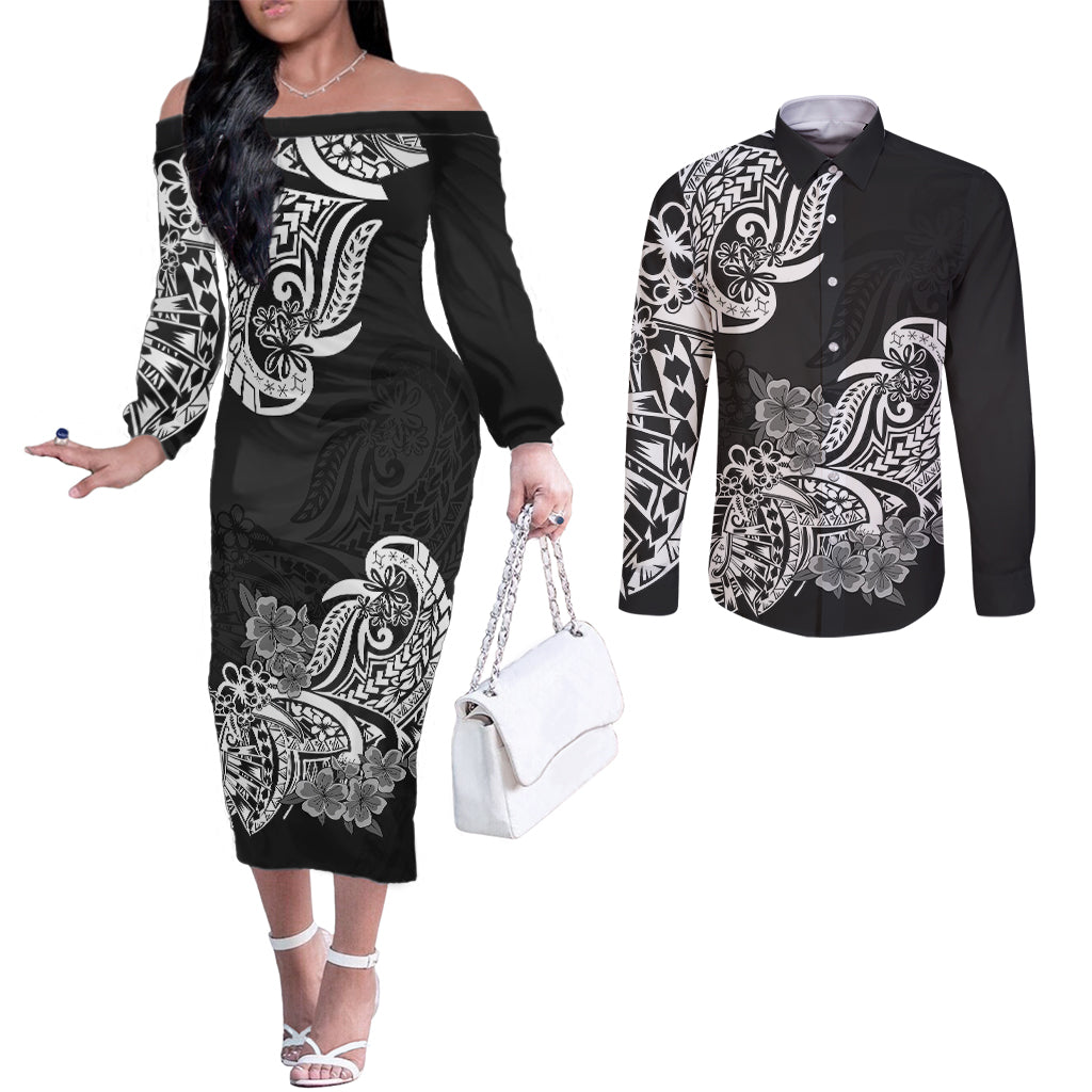 polynesian-couples-matching-off-the-shoulder-long-sleeve-dress-and-long-sleeve-button-shirts-pacific-flower-mix-floral-tribal-tattoo-black-vibe