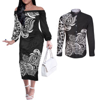 polynesian-couples-matching-off-the-shoulder-long-sleeve-dress-and-long-sleeve-button-shirts-pacific-flower-mix-floral-tribal-tattoo-black-vibe