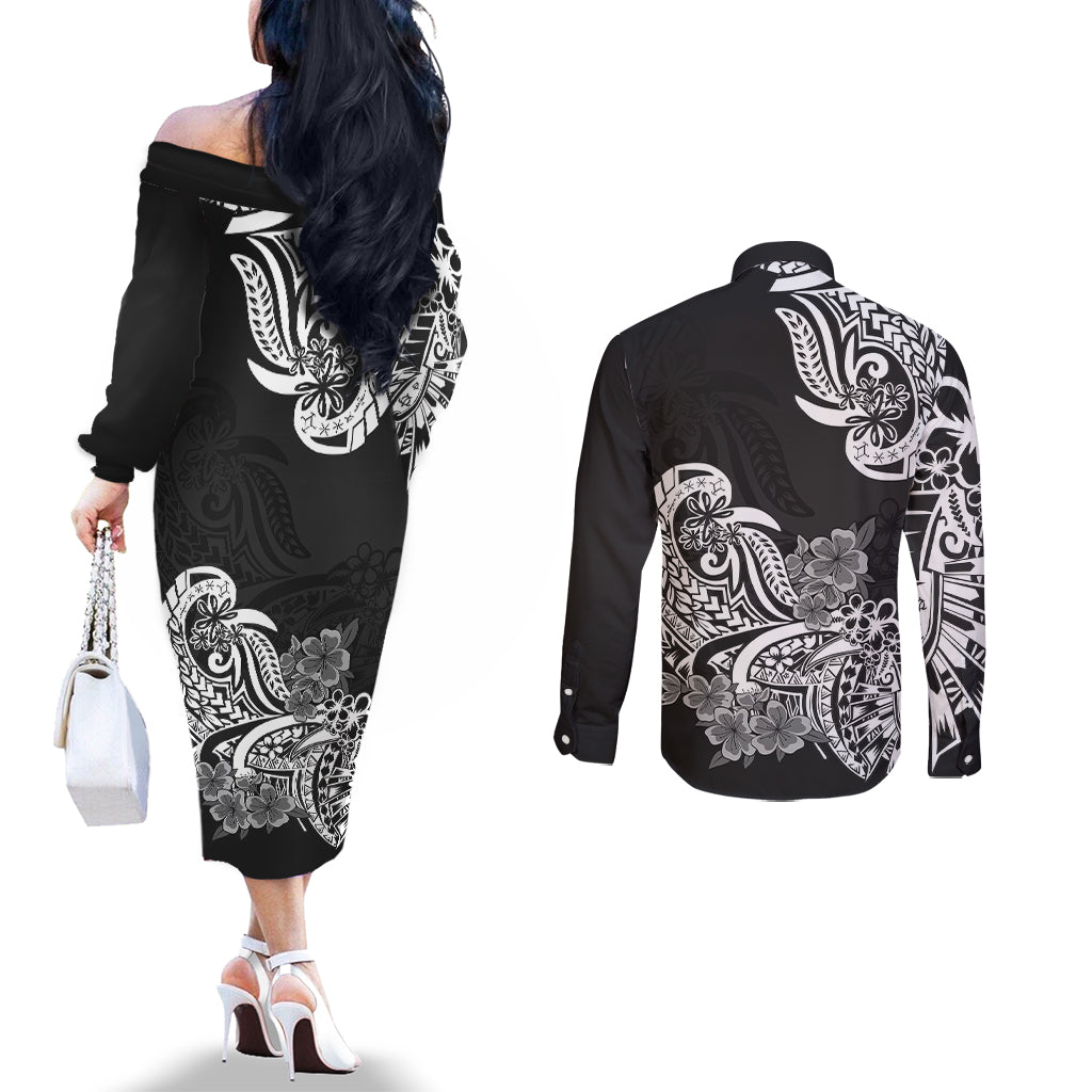 polynesian-couples-matching-off-the-shoulder-long-sleeve-dress-and-long-sleeve-button-shirts-pacific-flower-mix-floral-tribal-tattoo-black-vibe
