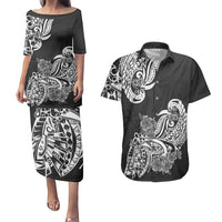 Polynesian Couples Matching Puletasi Dress and Hawaiian Shirt Pacific Flower Mix Floral Tribal Tattoo Black Vibe LT9 - Wonder Print Shop