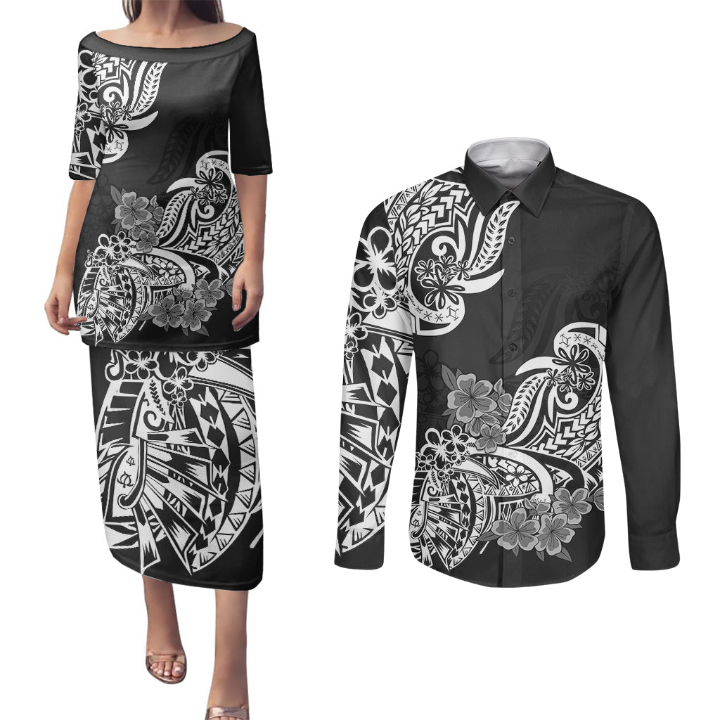 Polynesian Couples Matching Puletasi Dress and Long Sleeve Button Shirts Pacific Flower Mix Floral Tribal Tattoo Black Vibe LT9 - Wonder Print Shop