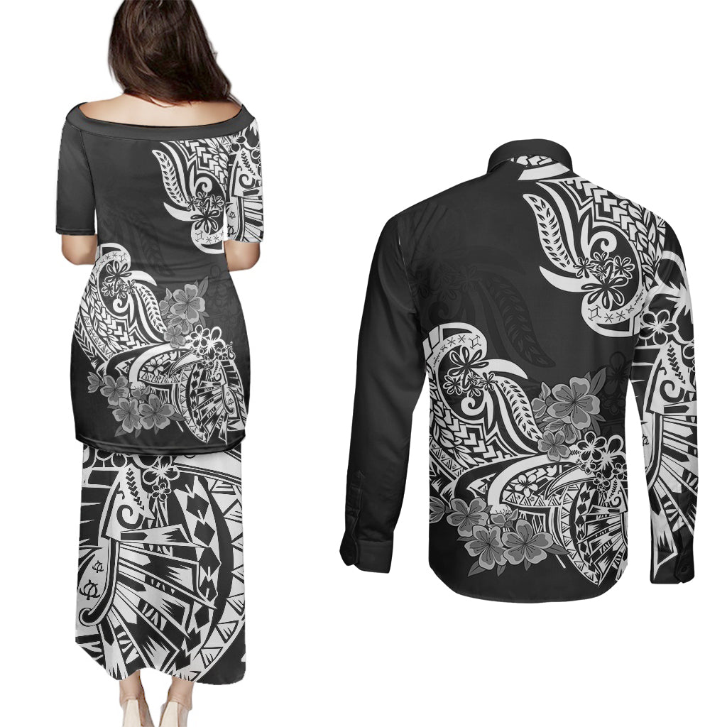 Polynesian Couples Matching Puletasi Dress and Long Sleeve Button Shirts Pacific Flower Mix Floral Tribal Tattoo Black Vibe LT9 - Wonder Print Shop