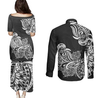 Polynesian Couples Matching Puletasi Dress and Long Sleeve Button Shirts Pacific Flower Mix Floral Tribal Tattoo Black Vibe LT9 - Wonder Print Shop
