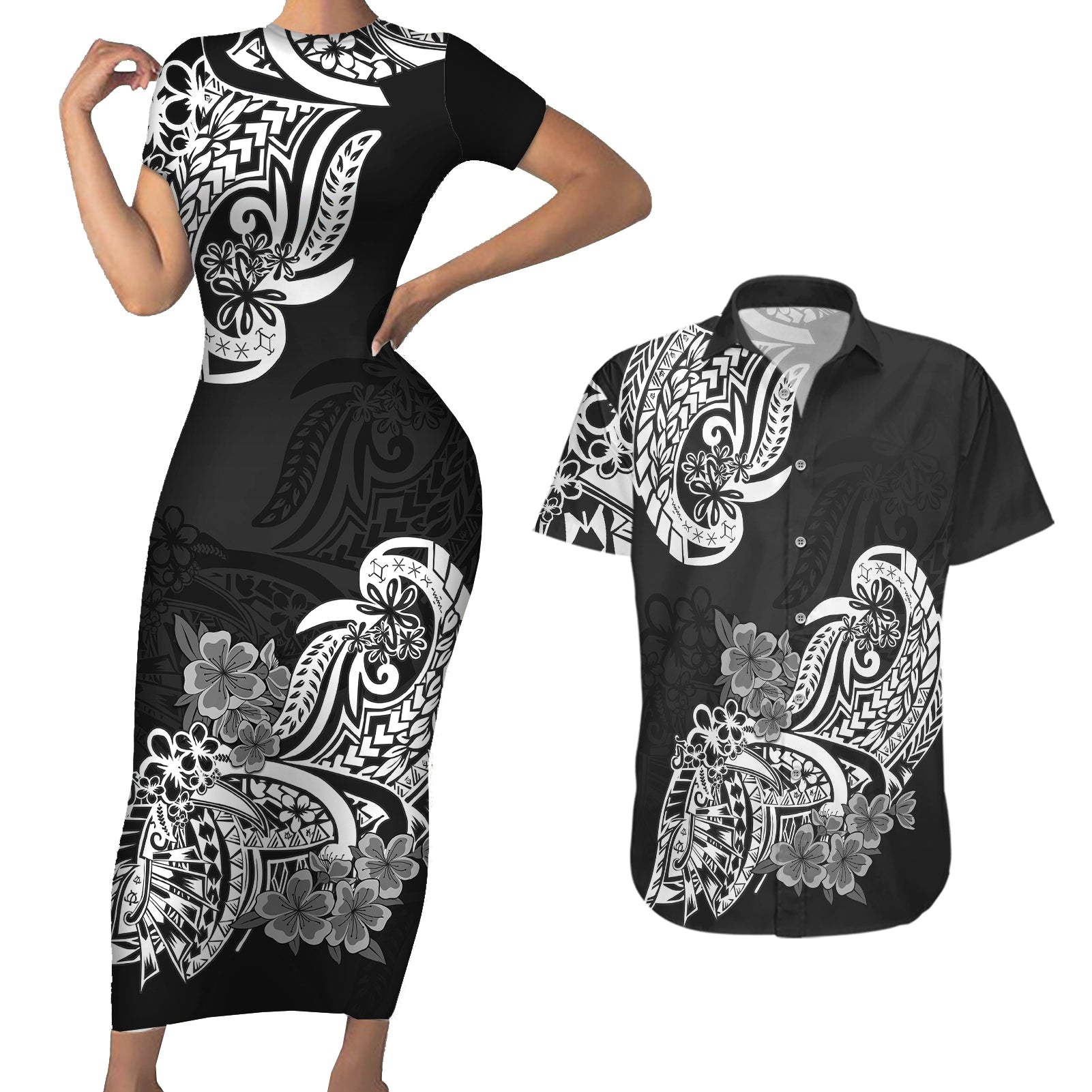 Polynesian Couples Matching Short Sleeve Bodycon Dress and Hawaiian Shirt Pacific Flower Mix Floral Tribal Tattoo Black Vibe LT9 - Wonder Print Shop