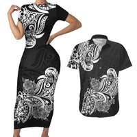 Polynesian Couples Matching Short Sleeve Bodycon Dress and Hawaiian Shirt Pacific Flower Mix Floral Tribal Tattoo Black Vibe LT9 - Wonder Print Shop