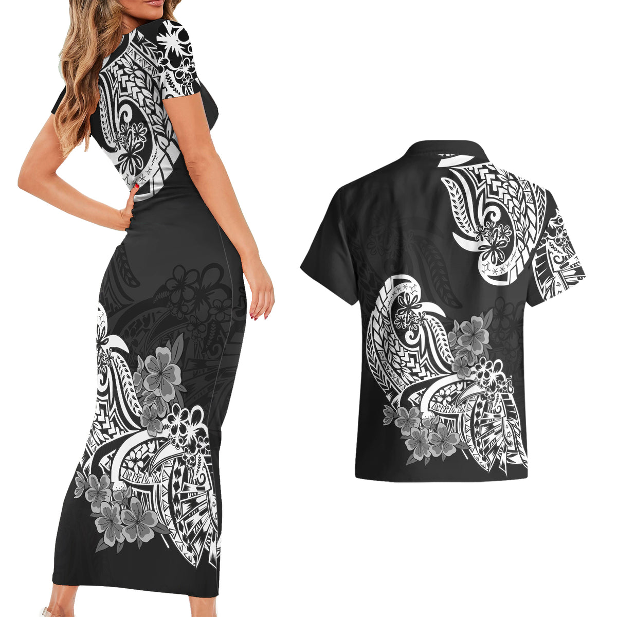 Polynesian Couples Matching Short Sleeve Bodycon Dress and Hawaiian Shirt Pacific Flower Mix Floral Tribal Tattoo Black Vibe LT9 - Wonder Print Shop