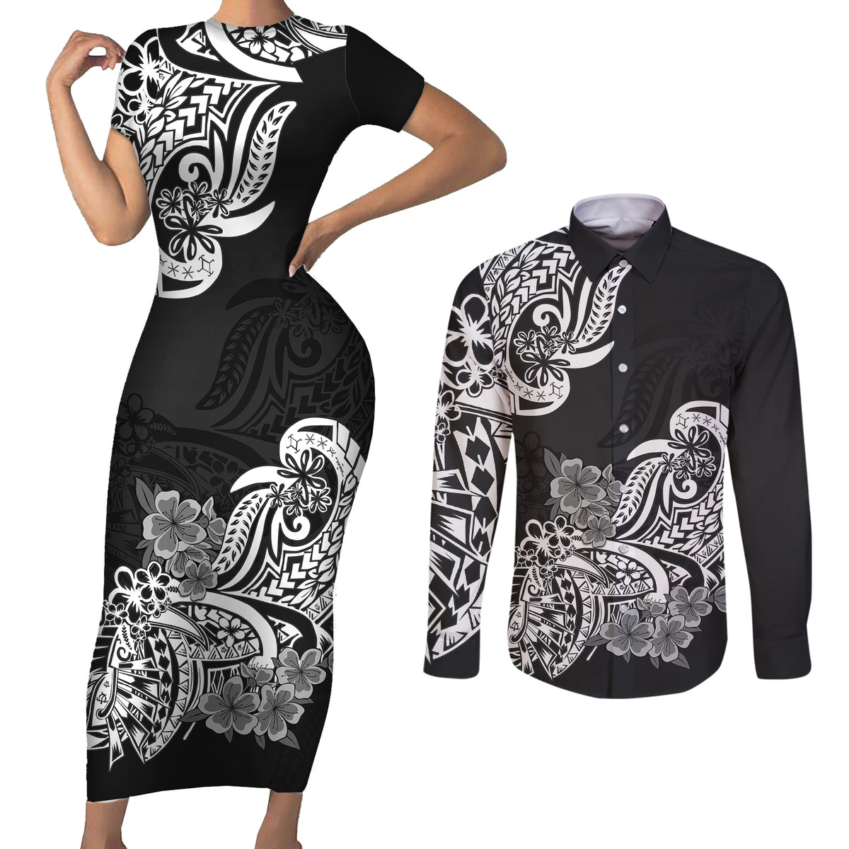 Polynesian Couples Matching Short Sleeve Bodycon Dress and Long Sleeve Button Shirts Pacific Flower Mix Floral Tribal Tattoo Black Vibe LT9 - Wonder Print Shop