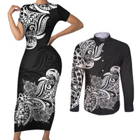 Polynesian Couples Matching Short Sleeve Bodycon Dress and Long Sleeve Button Shirts Pacific Flower Mix Floral Tribal Tattoo Black Vibe LT9 - Wonder Print Shop