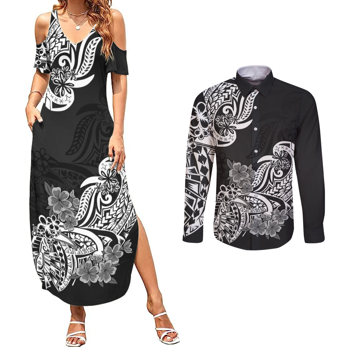 Polynesian Couples Matching Summer Maxi Dress and Long Sleeve Button Shirts Pacific Flower Mix Floral Tribal Tattoo Black Vibe LT9 - Wonder Print Shop