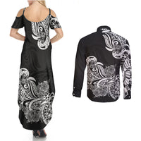 Polynesian Couples Matching Summer Maxi Dress and Long Sleeve Button Shirts Pacific Flower Mix Floral Tribal Tattoo Black Vibe LT9 - Wonder Print Shop