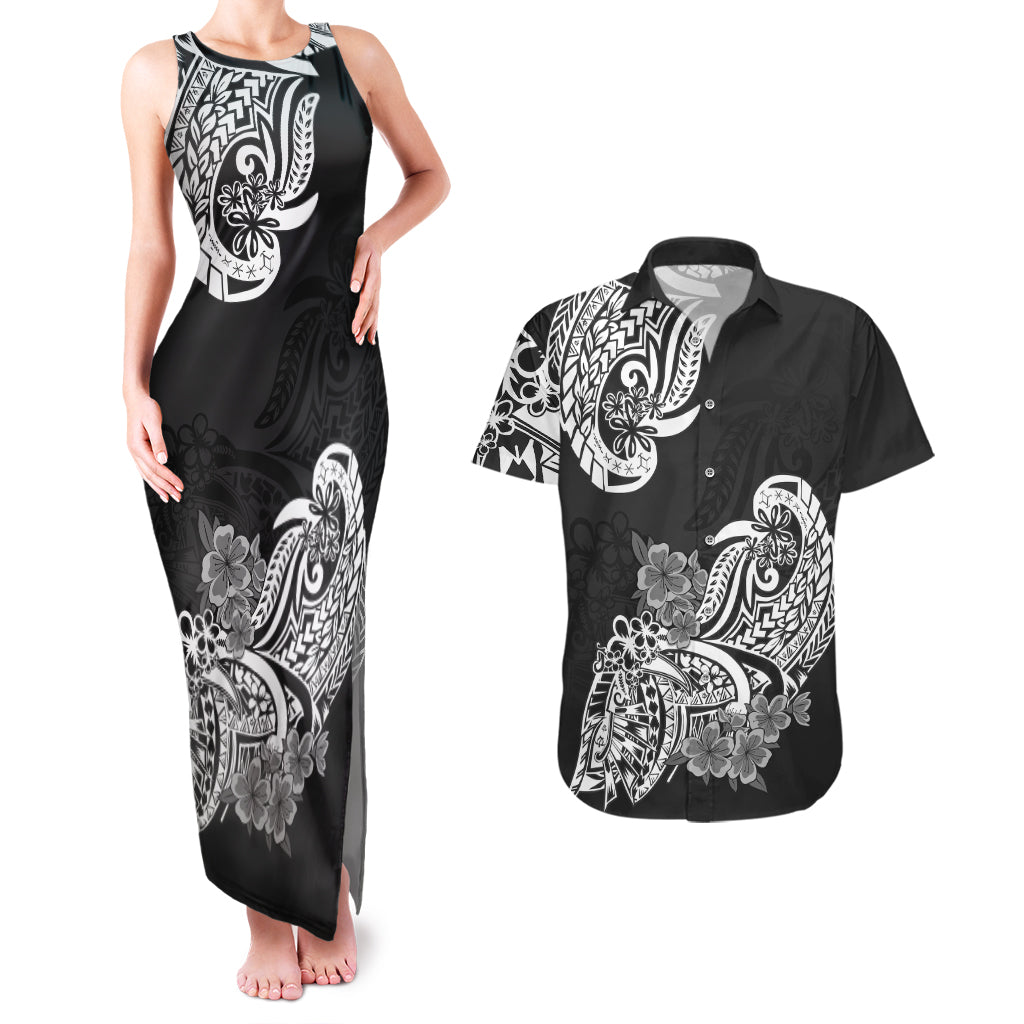 Polynesian Couples Matching Tank Maxi Dress And Hawaiian Shirt Pacific Flower Mix Floral Tribal Tattoo Black Vibe LT9 - Wonder Print Shop