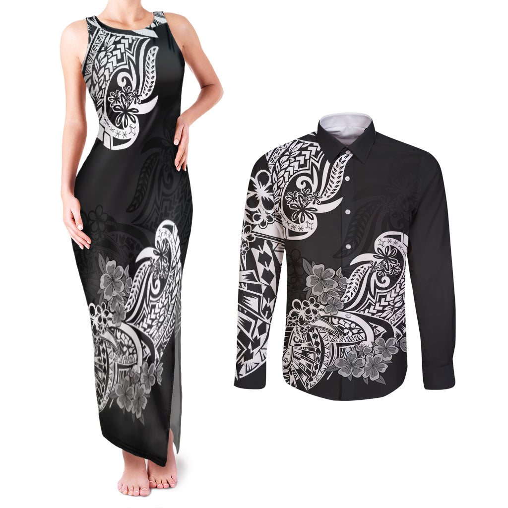 Polynesian Couples Matching Tank Maxi Dress and Long Sleeve Button Shirts Pacific Flower Mix Floral Tribal Tattoo Black Vibe LT9 - Wonder Print Shop