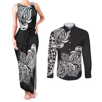 Polynesian Couples Matching Tank Maxi Dress and Long Sleeve Button Shirts Pacific Flower Mix Floral Tribal Tattoo Black Vibe LT9 - Wonder Print Shop
