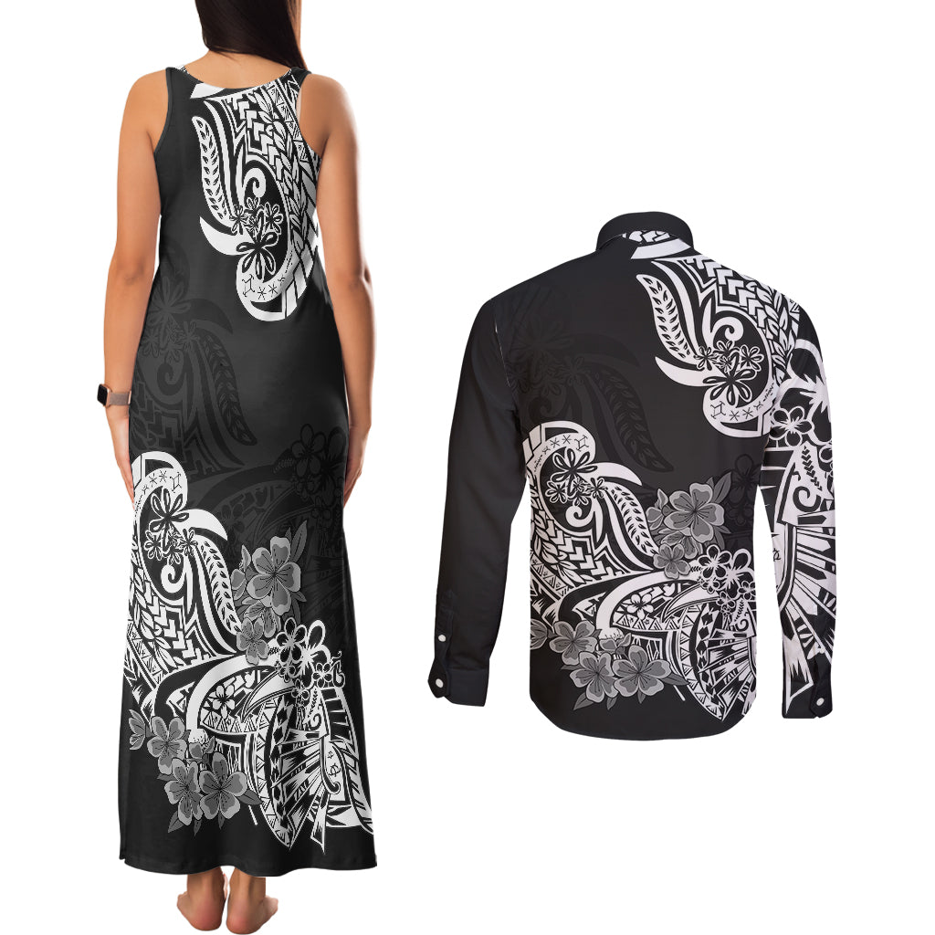 Polynesian Couples Matching Tank Maxi Dress and Long Sleeve Button Shirts Pacific Flower Mix Floral Tribal Tattoo Black Vibe LT9 - Wonder Print Shop