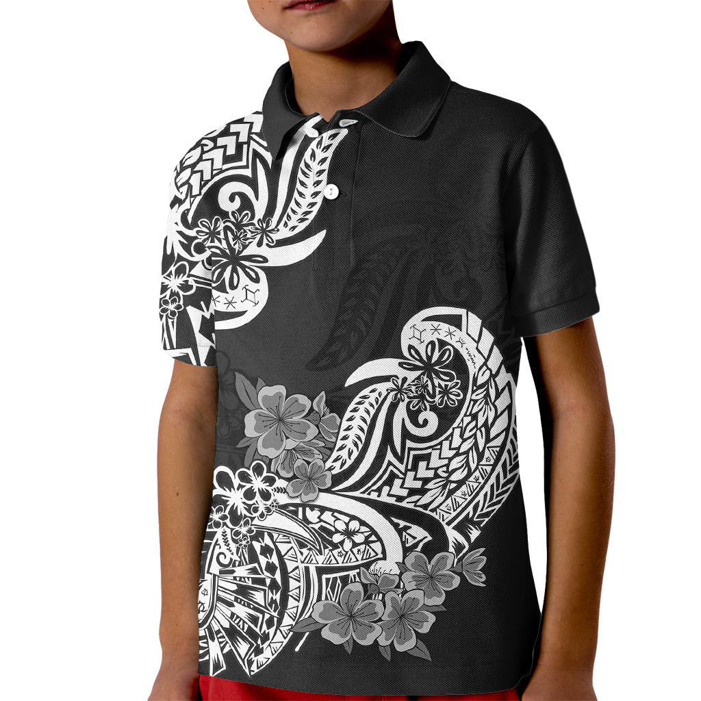 Polynesian Kid Polo Shirt Pacific Flower Mix Floral Tribal Tattoo Black Vibe - Wonder Print Shop