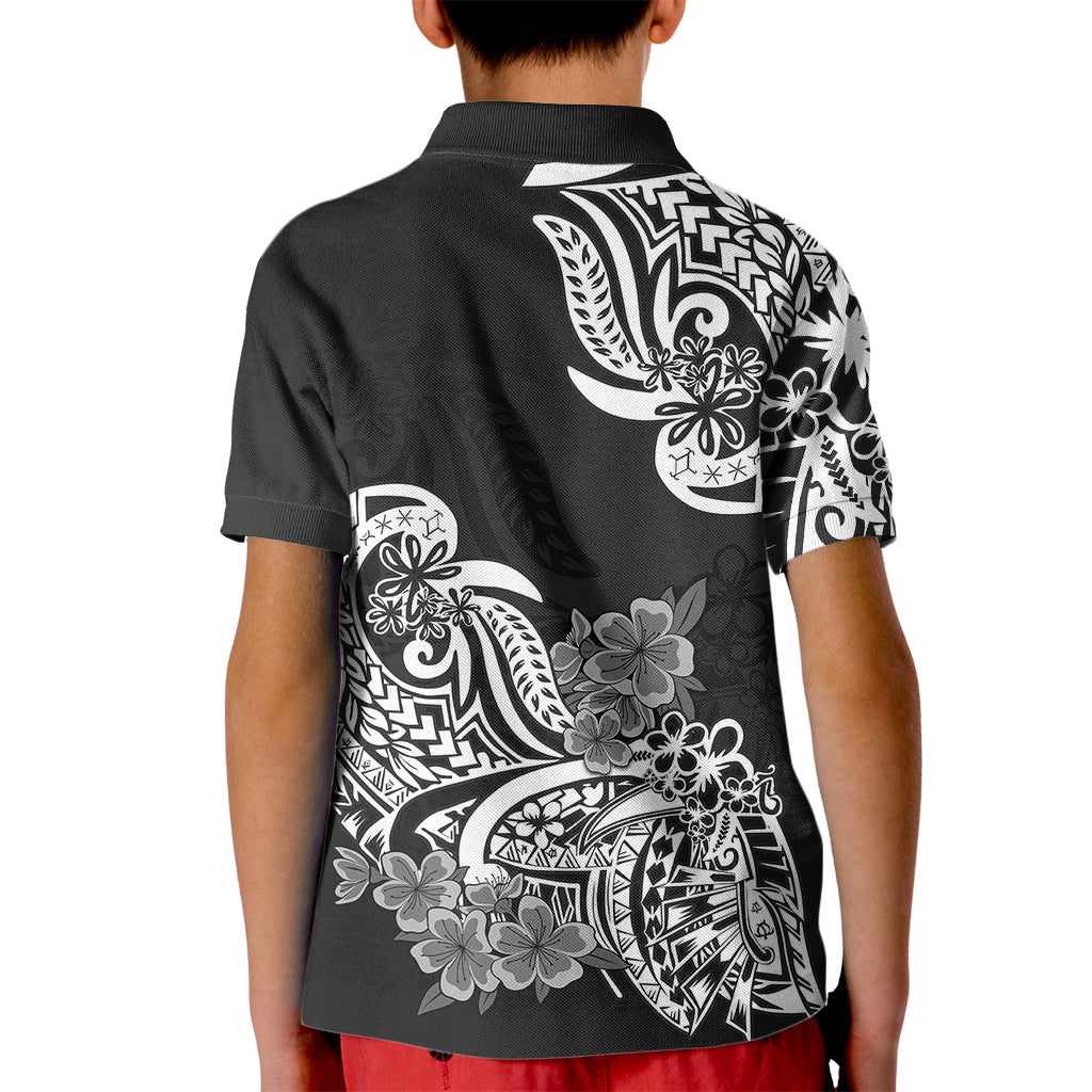Polynesian Kid Polo Shirt Pacific Flower Mix Floral Tribal Tattoo Black Vibe - Wonder Print Shop