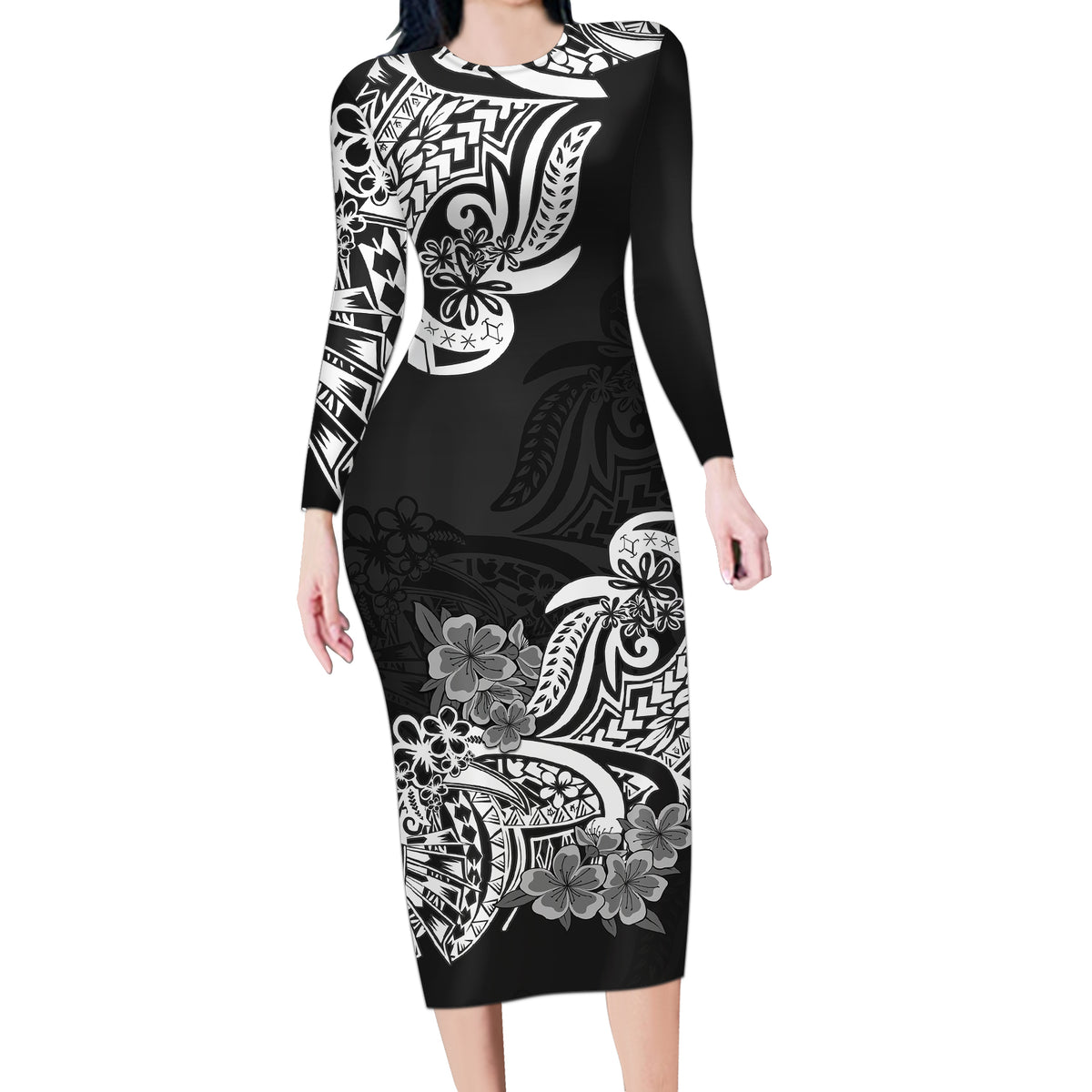 Polynesian Long Sleeve Bodycon Dress Pacific Flower Mix Floral Tribal Tattoo Black Vibe - Wonder Print Shop