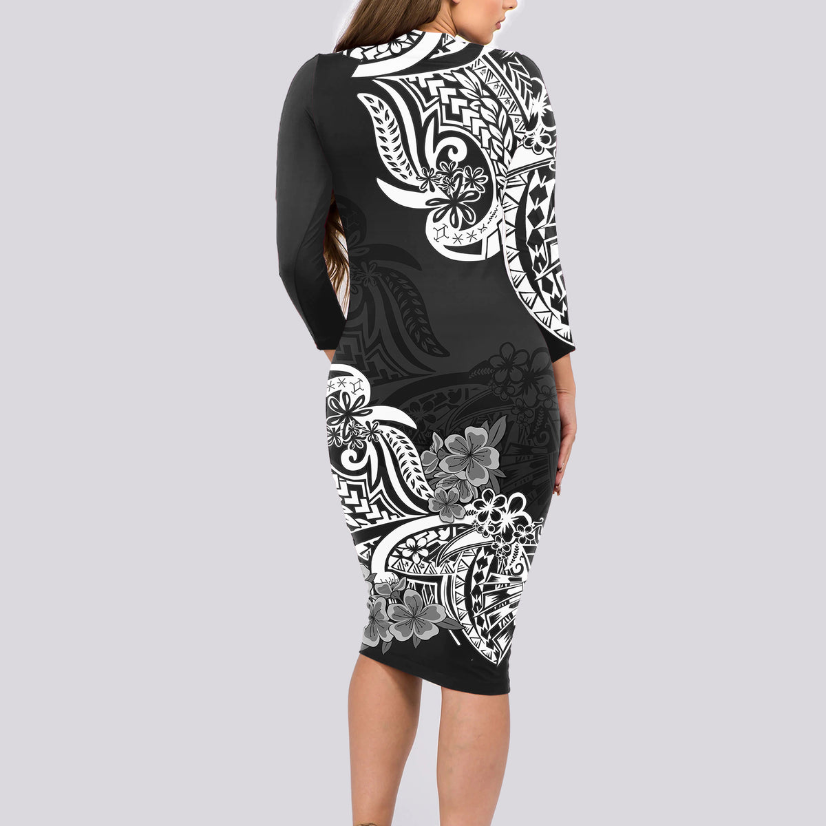 Polynesian Long Sleeve Bodycon Dress Pacific Flower Mix Floral Tribal Tattoo Black Vibe - Wonder Print Shop