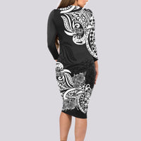 Polynesian Long Sleeve Bodycon Dress Pacific Flower Mix Floral Tribal Tattoo Black Vibe - Wonder Print Shop