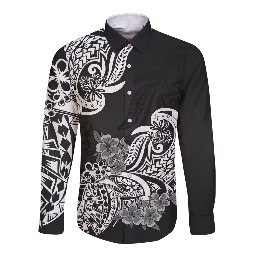 Polynesian Long Sleeve Button Shirt Pacific Flower Mix Floral Tribal Tattoo Black Vibe - Wonder Print Shop