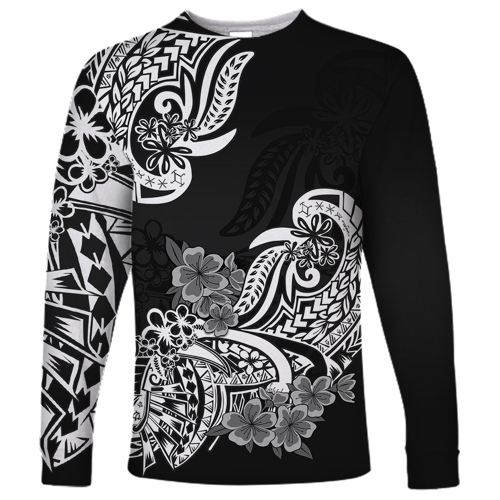 Polynesian Long Sleeve Shirt Pacific Flower Mix Floral Tribal Tattoo Black Vibe - Wonder Print Shop
