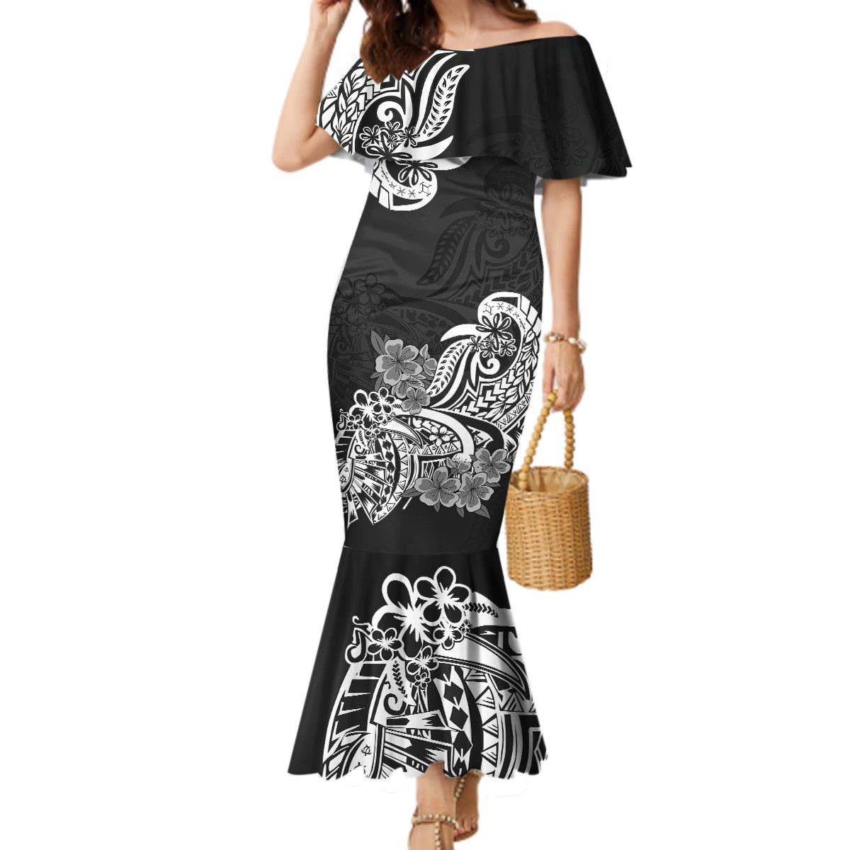 Polynesian Mermaid Dress Pacific Flower Mix Floral Tribal Tattoo Black Vibe - Wonder Print Shop