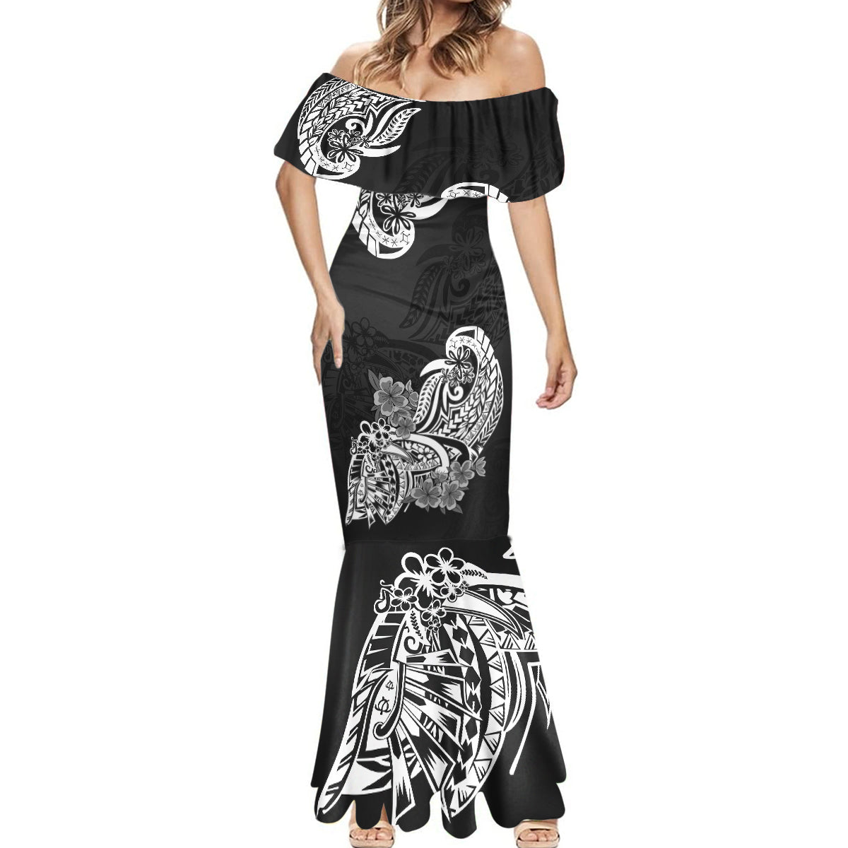 Polynesian Mermaid Dress Pacific Flower Mix Floral Tribal Tattoo Black Vibe - Wonder Print Shop