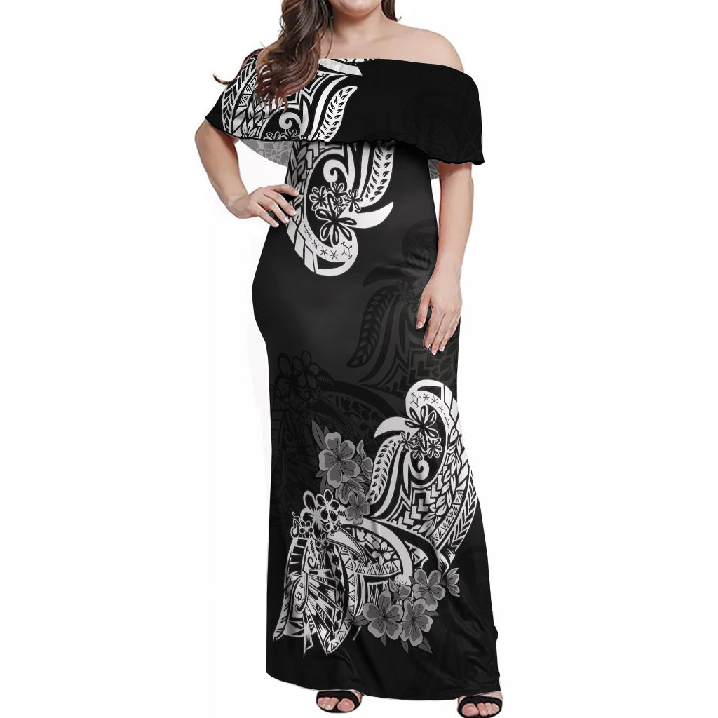 Polynesian Off Shoulder Maxi Dress Pacific Flower Mix Floral Tribal Tattoo Black Vibe - Wonder Print Shop