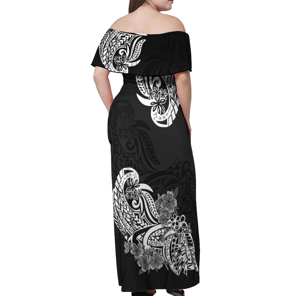 Polynesian Off Shoulder Maxi Dress Pacific Flower Mix Floral Tribal Tattoo Black Vibe - Wonder Print Shop