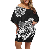 Polynesian Off Shoulder Short Dress Pacific Flower Mix Floral Tribal Tattoo Black Vibe - Wonder Print Shop