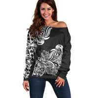 Polynesian Off Shoulder Sweater Pacific Flower Mix Floral Tribal Tattoo Black Vibe - Wonder Print Shop